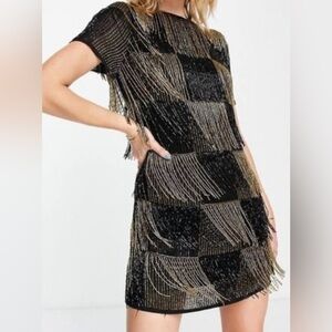 NWT ASOS design very heavy Black and Gold Fringe Dress size 12